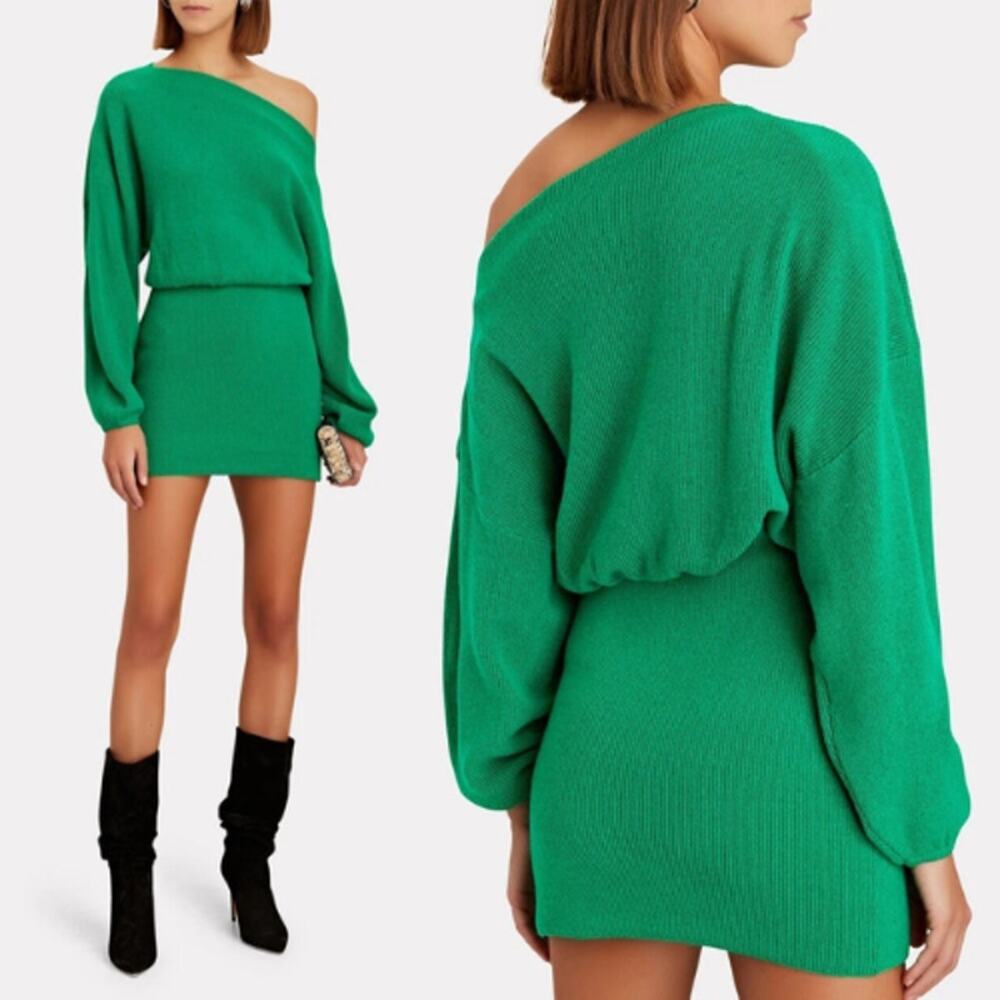 One-Shoulder Green Knit Mini Dress